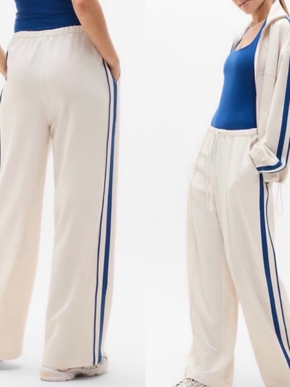 Athleta Wide-Leg Track Pants with Side Stripe - Cream & Blue